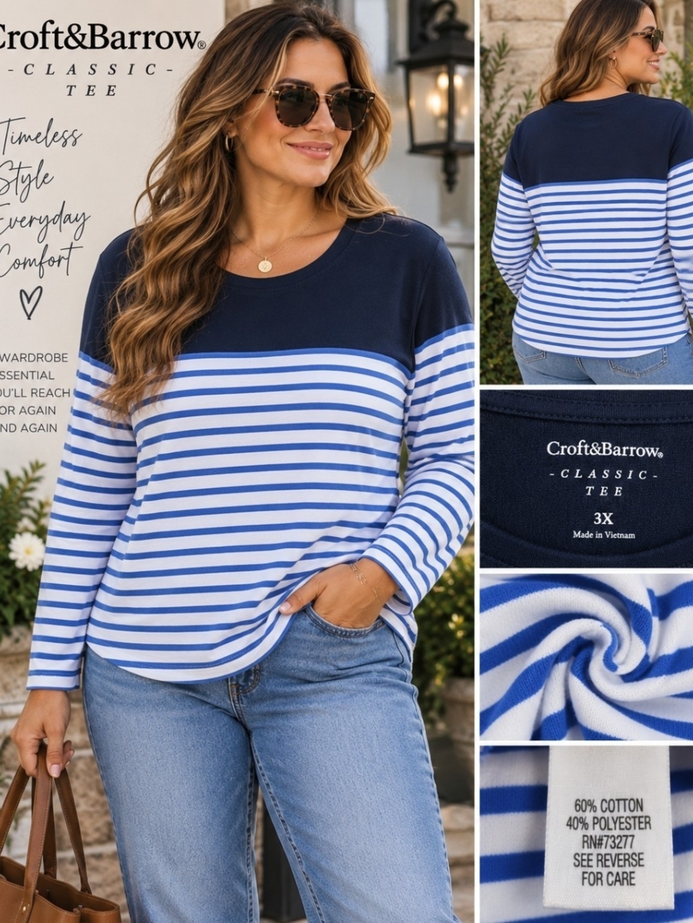Croft & Barrow 3X Navy Blue White Striped Long Sleeve Tee Plus Size Essential